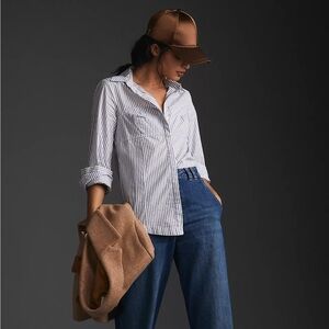 Maeve White and Navy Pinstripe Button-Down Shirt
